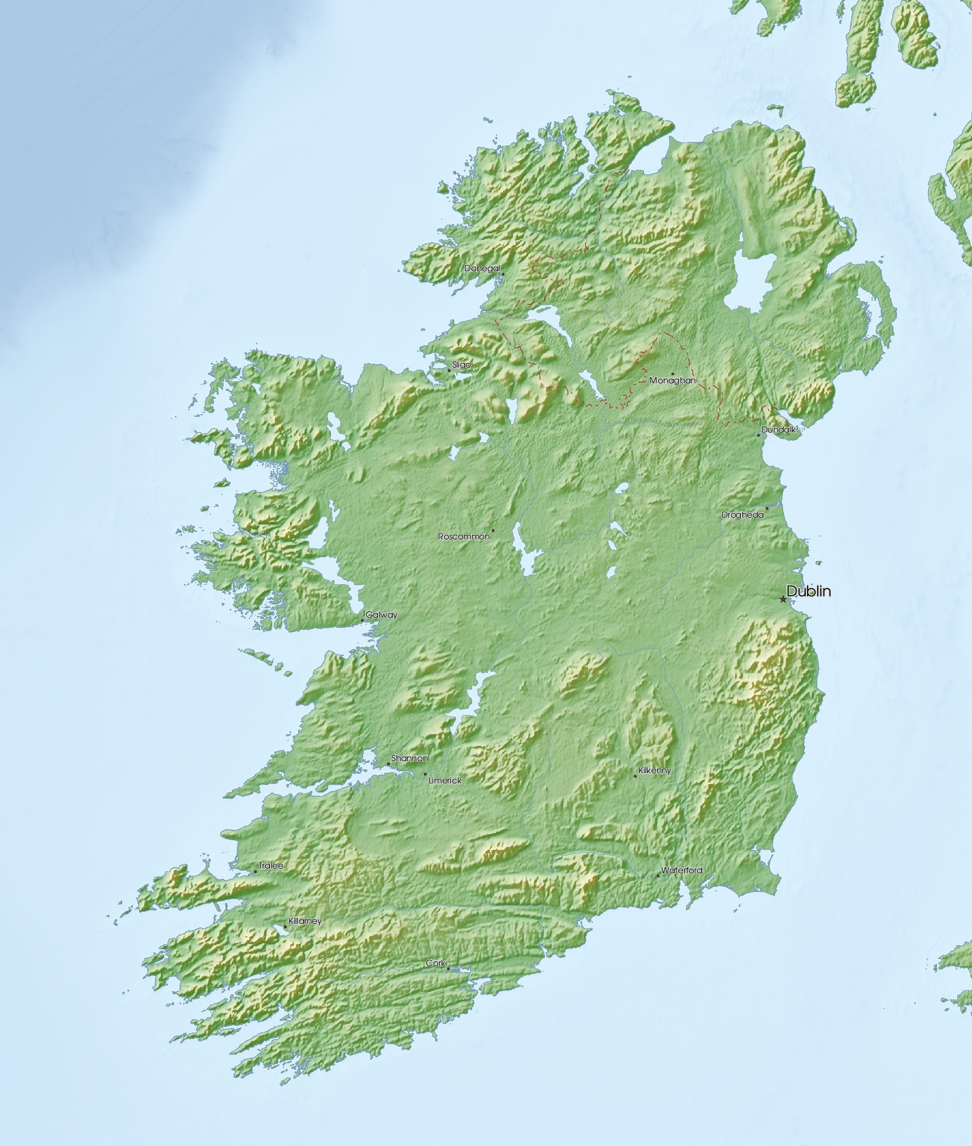 Physical map of Ireland using Lambert Conformal Conic projection.